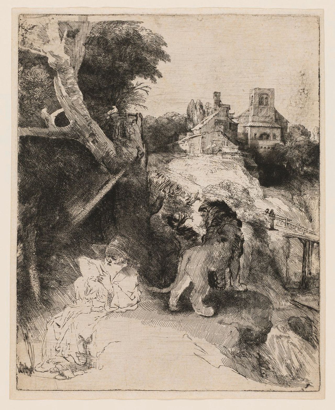 Rembrandt: Hiëronymus lezend in een Italiaans landschap.