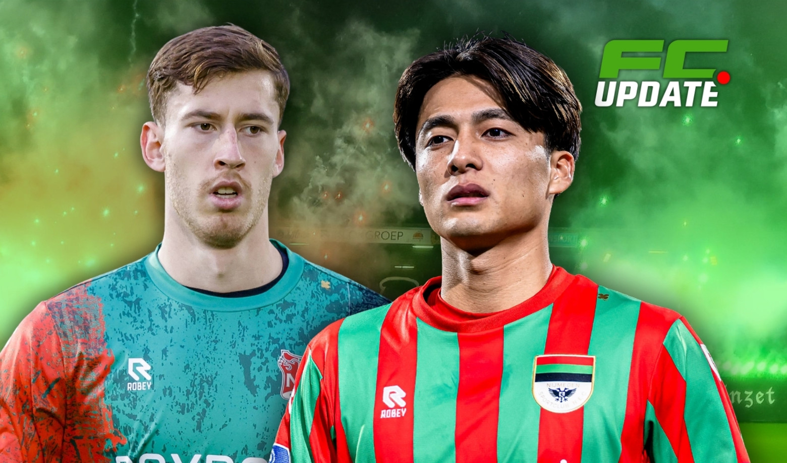 Robin Roefs en Kodai Sano als speler van NEC, op de achtergrond het Goffertstadion