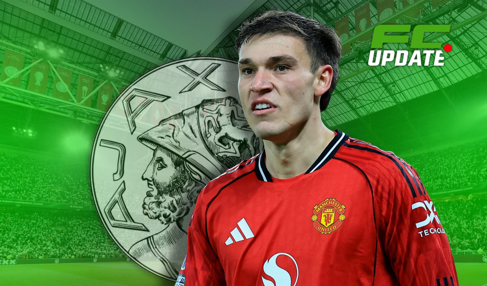 Manuel Ugarte van Manchester United met op de achtergrond het logo en het stadion van Ajax