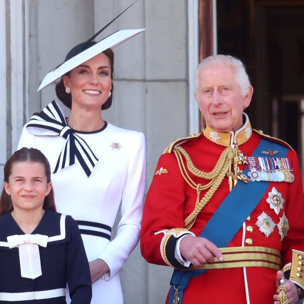 catherine, princess of wales, princess charlotte of wales and king charles iii on the balcony during trooping the colour at buckingham palace on june 15, 2024