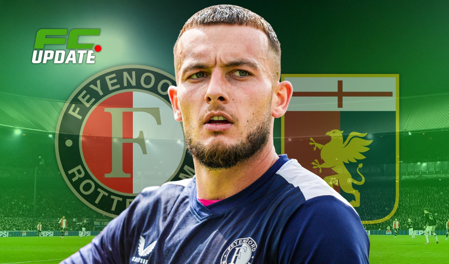 Justin Bijlow met de logo's van Feyenoord en Genoa