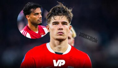 Wouter Goes over Owen Wijndal na tackle bij AZ Ajax