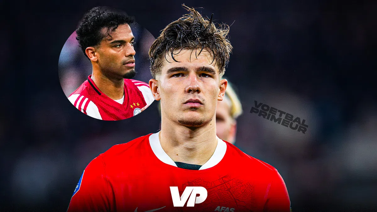 Wouter Goes over Owen Wijndal na tackle bij AZ Ajax