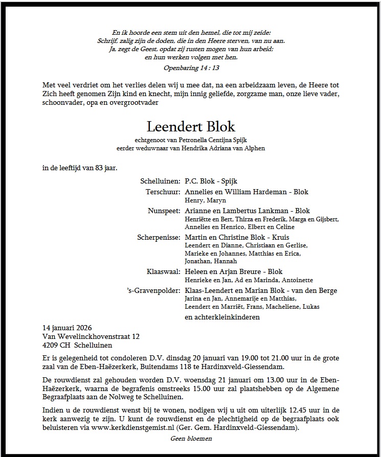 Ds. L. Blok (83) overleden (incl. rouwkaart)