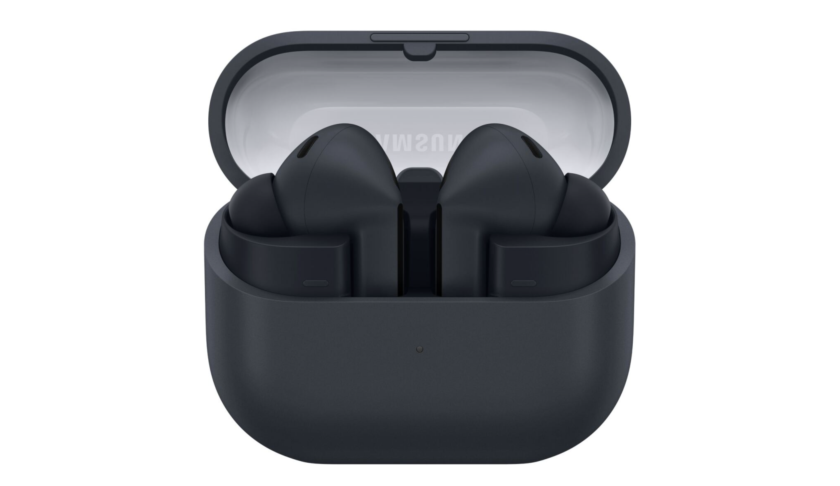 Samsung Galaxy Buds 3 FE i mørkegrått mot hvit bakgrunn.
