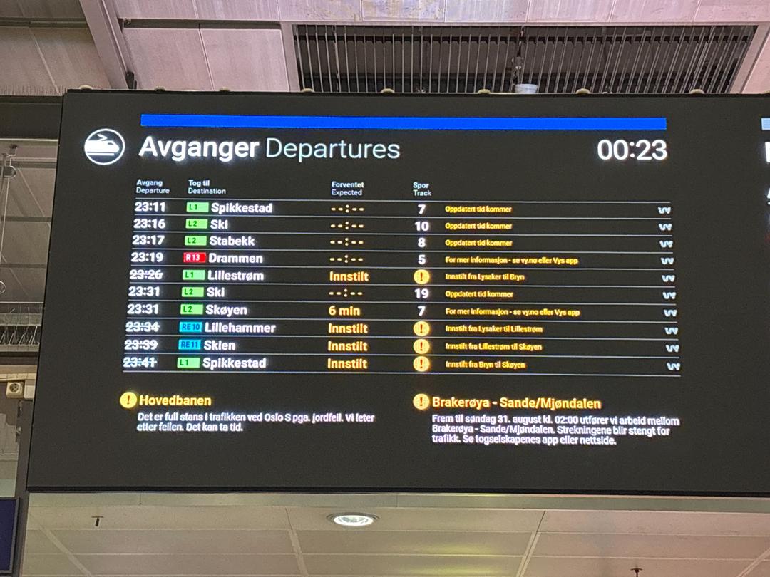 Oslo S er stengt for togtrafikk på grunn av en jordfeil