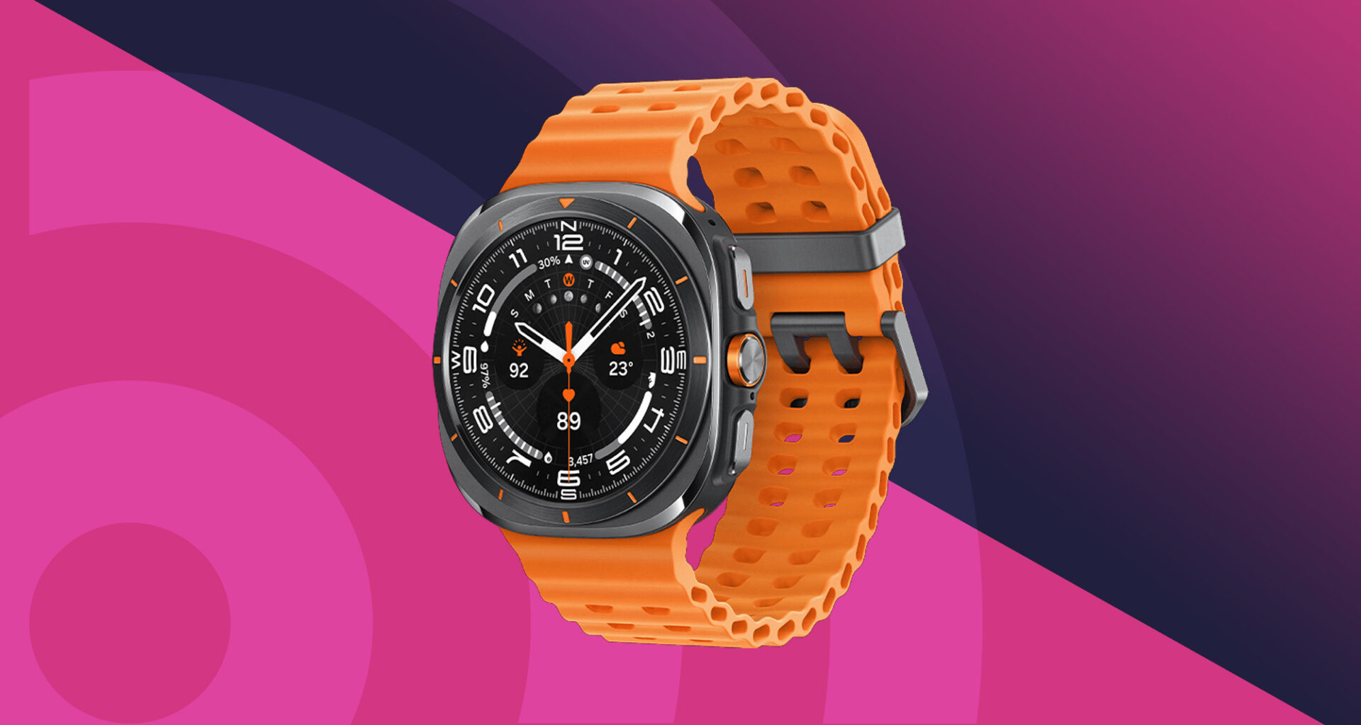 Samsung Galaxy Watch Ultra 3 mot en rosa og lilla TechRadar-bakgrunn.
