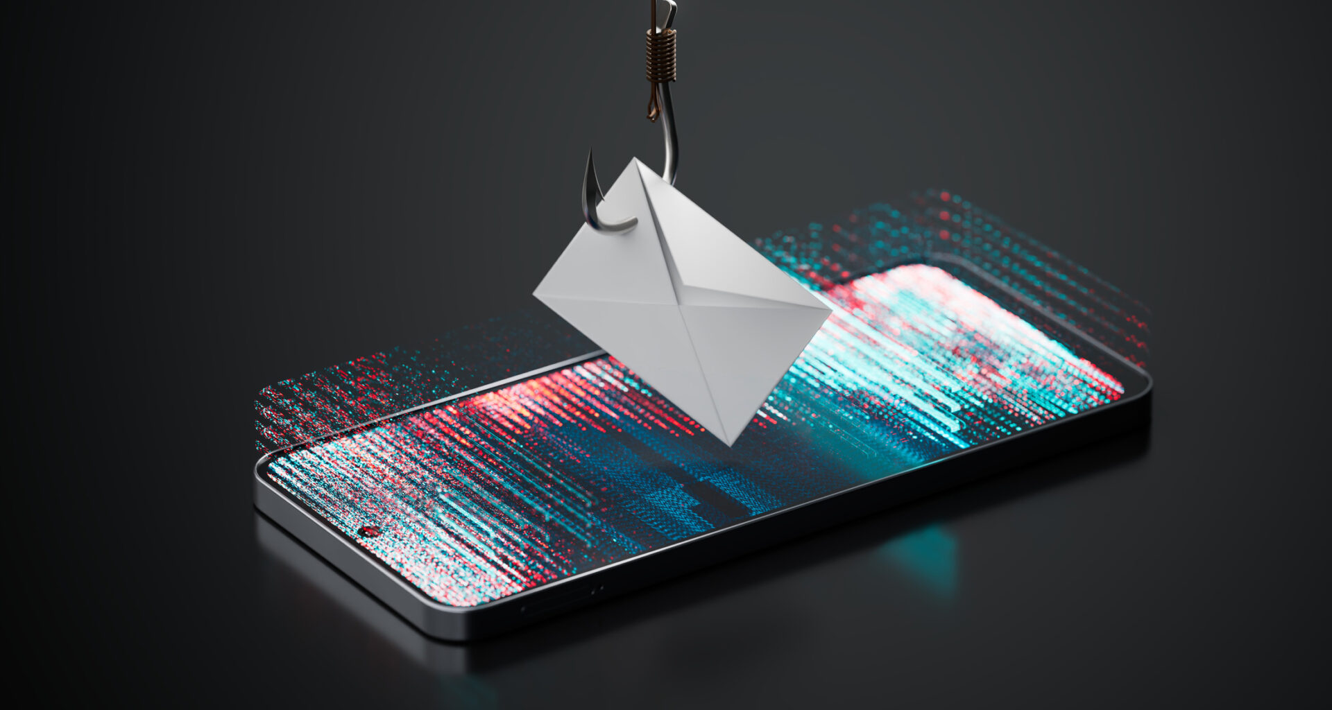 Illustrasjon av en e-post på en krok, svevende over en mobiltelefon