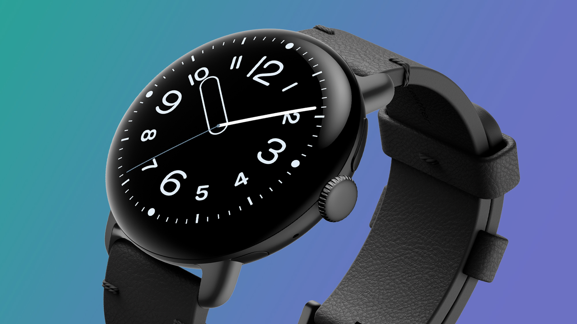 Google Pixel Watch 4 mot en blå og grønn bakgrunn.
