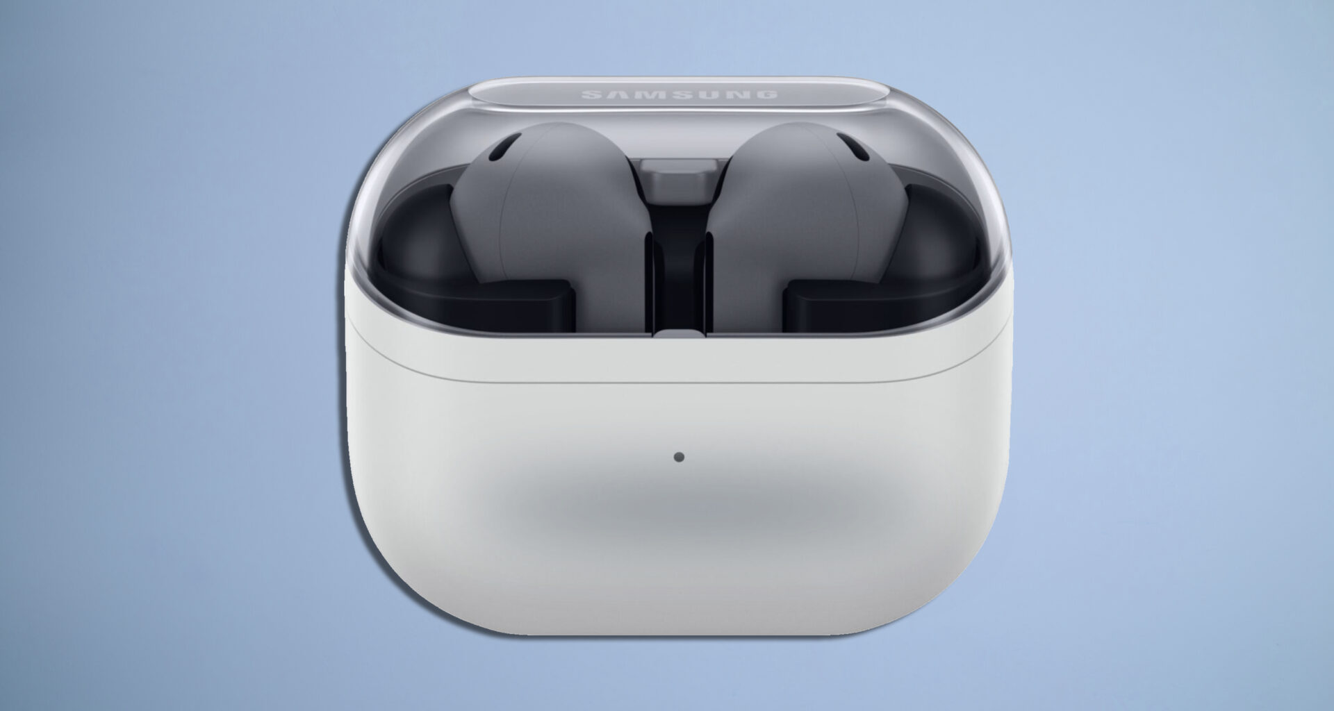 Samsung Galaxy Buds 3 FE i hvitt mot en blå TechRadar-bakgrunn.