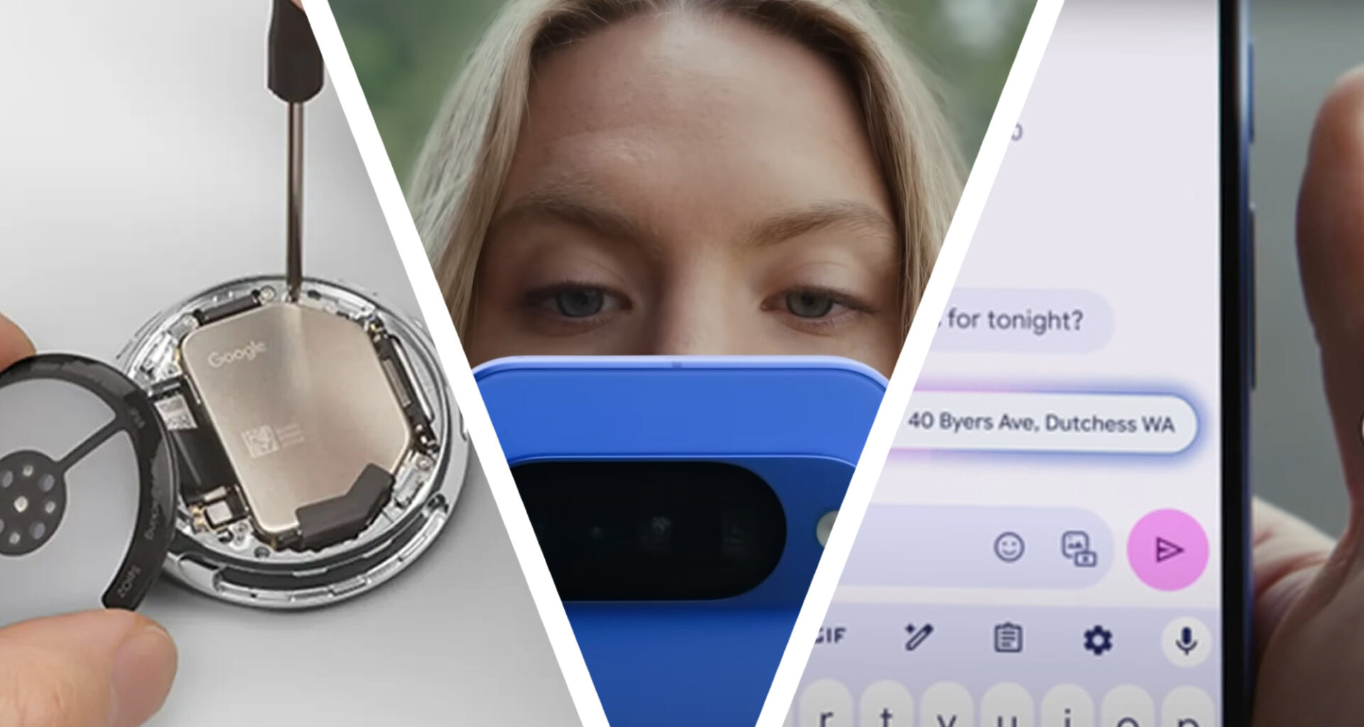 En Pixel Watch 4 som blir reparert, en kvinne som ser på en blå Pixel 10, og en telefonskjerm som viser Googles Magic Cue-funksjon mens det sendes tekstmeldinger.