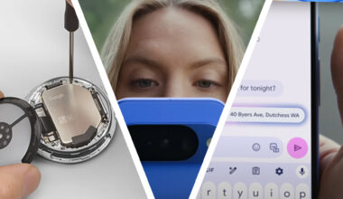 En Pixel Watch 4 som blir reparert, en kvinne som ser på en blå Pixel 10, og en telefonskjerm som viser Googles Magic Cue-funksjon mens det sendes tekstmeldinger.