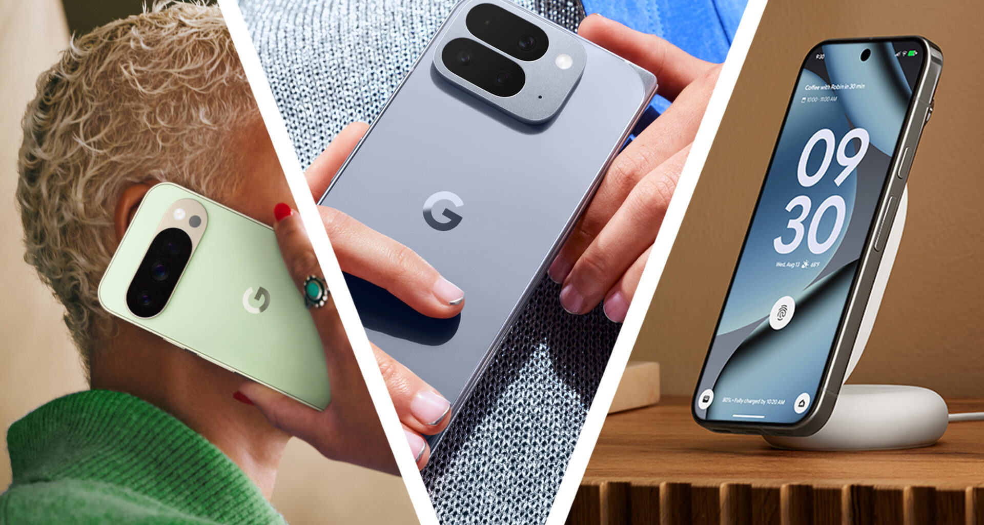 En kvinne holder en mintgrønn Pixel 10 Pro mot øret, ved siden av en hånd som holder en Google Pixel 10 og en Pixel-telefon på et Pixelsnap-stativ.