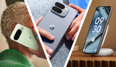 En kvinne holder en mintgrønn Pixel 10 Pro mot øret, ved siden av en hånd som holder en Google Pixel 10 og en Pixel-telefon på et Pixelsnap-stativ.