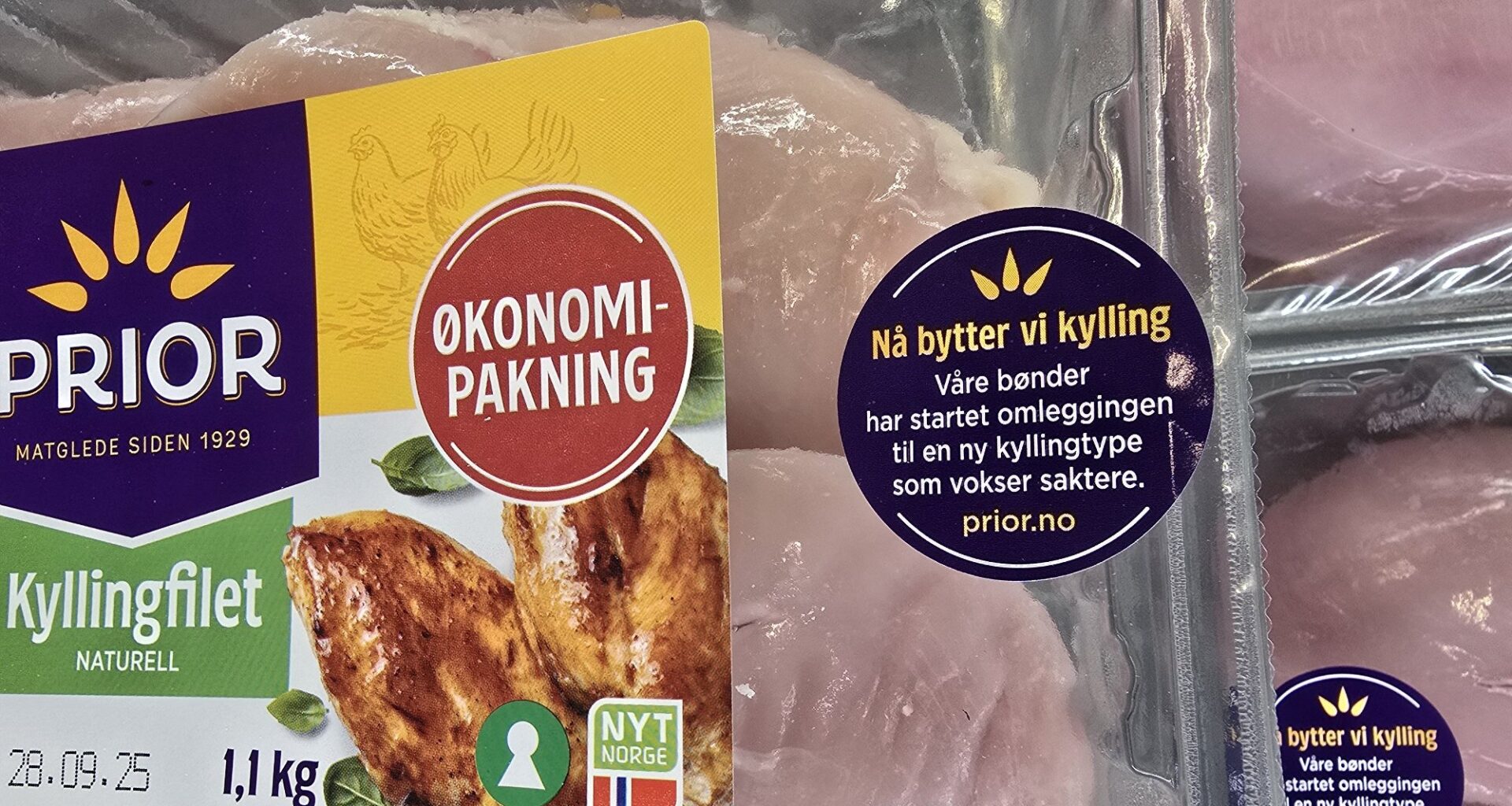 Saktevoksende kylling, Prior | Prior reklamerer for saktevoksende kylling – fire av fem pakker er fortsatt den gamle typen