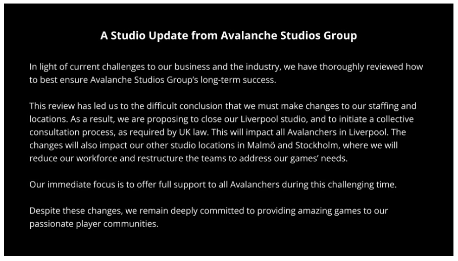 Avalanche Studios legger ned kontoret i Liverpool og kutter i staben i Sverige -