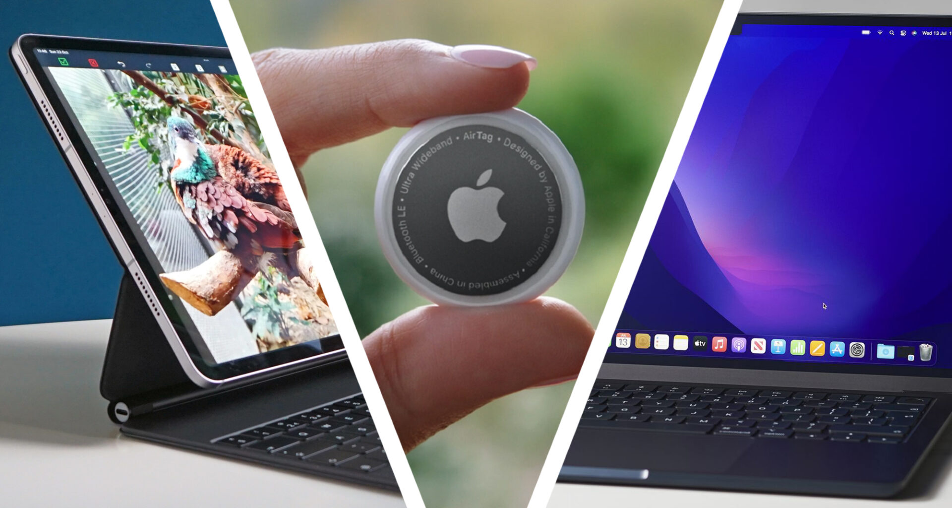 An iPad Pro next to a hand holding an Apple AirTag and a MacBook Pro on a table