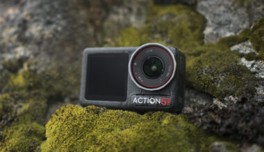 DJI Osmo Action 5 Pro camera on a mossy rock