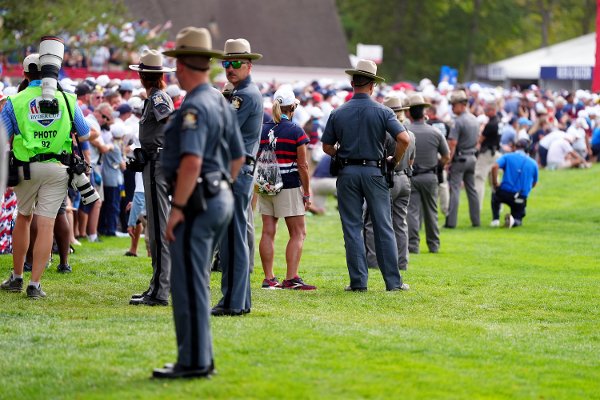 An increased Police presence following the afternoon fourball match featuring Rory McIlroy, Shane Lowry, Justin Thomas and Cameron Young on day two of the Ryder Cup at the Bethpage Black Course, Farmingdale, New York. Picture date: Saturday September 27, 2025.