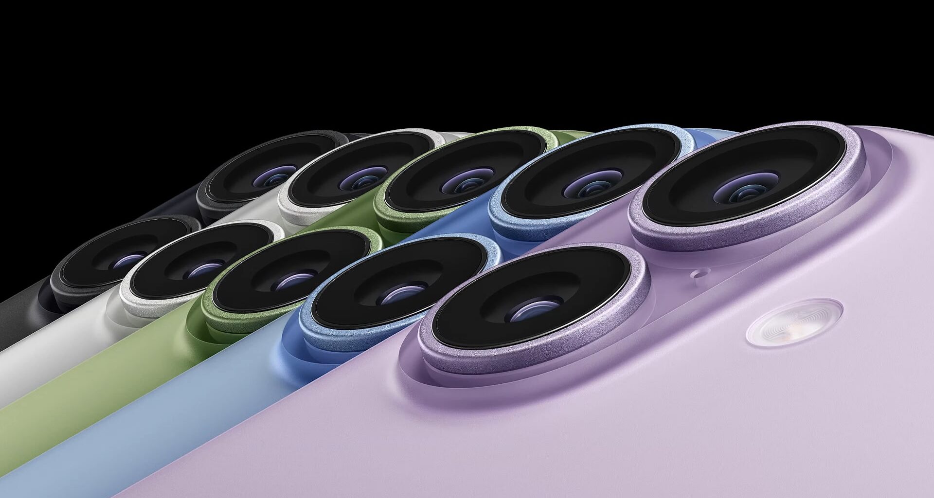 The iPhone 17 camera system in a range of colors.