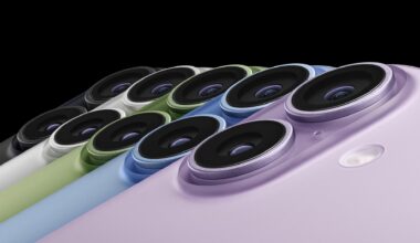 The iPhone 17 camera system in a range of colors.