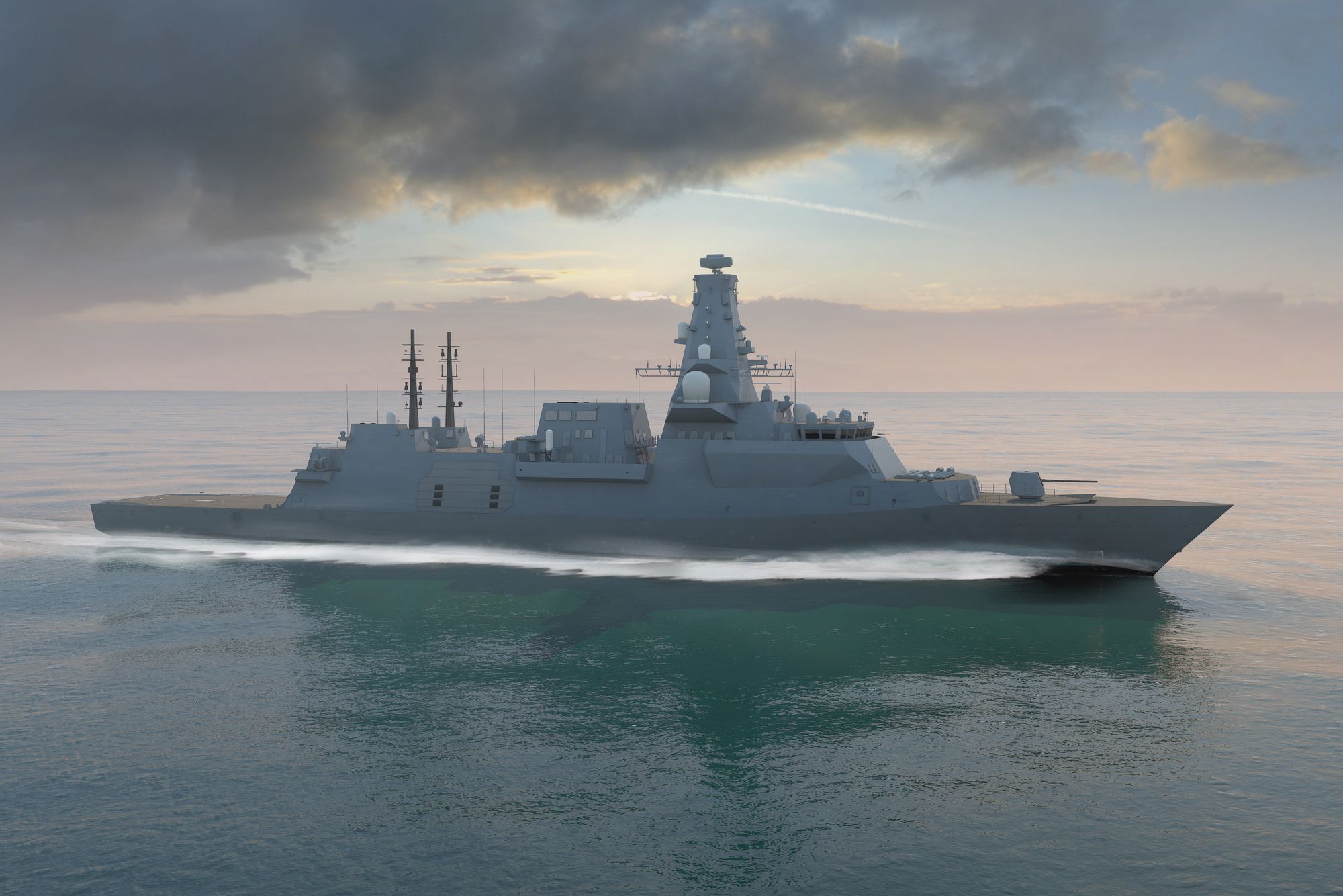 Datagenerert tegning av en Type 26-fregatt fra BAE Systems.