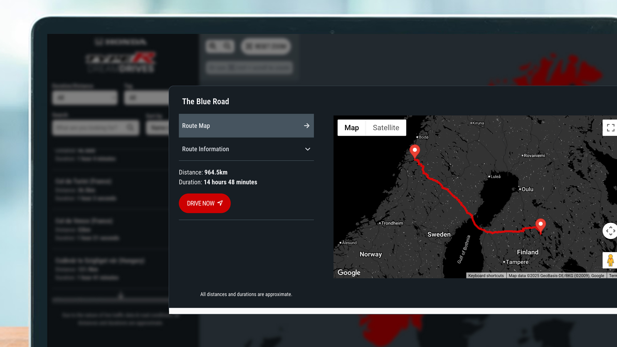 En laptop-skjerm som viser en rute i Hondas Dream Drives-kartsamling