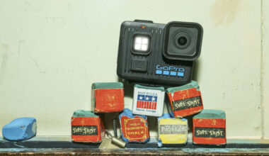 GoPro Lit Hero action cam balancing on bright colored wooden blocks