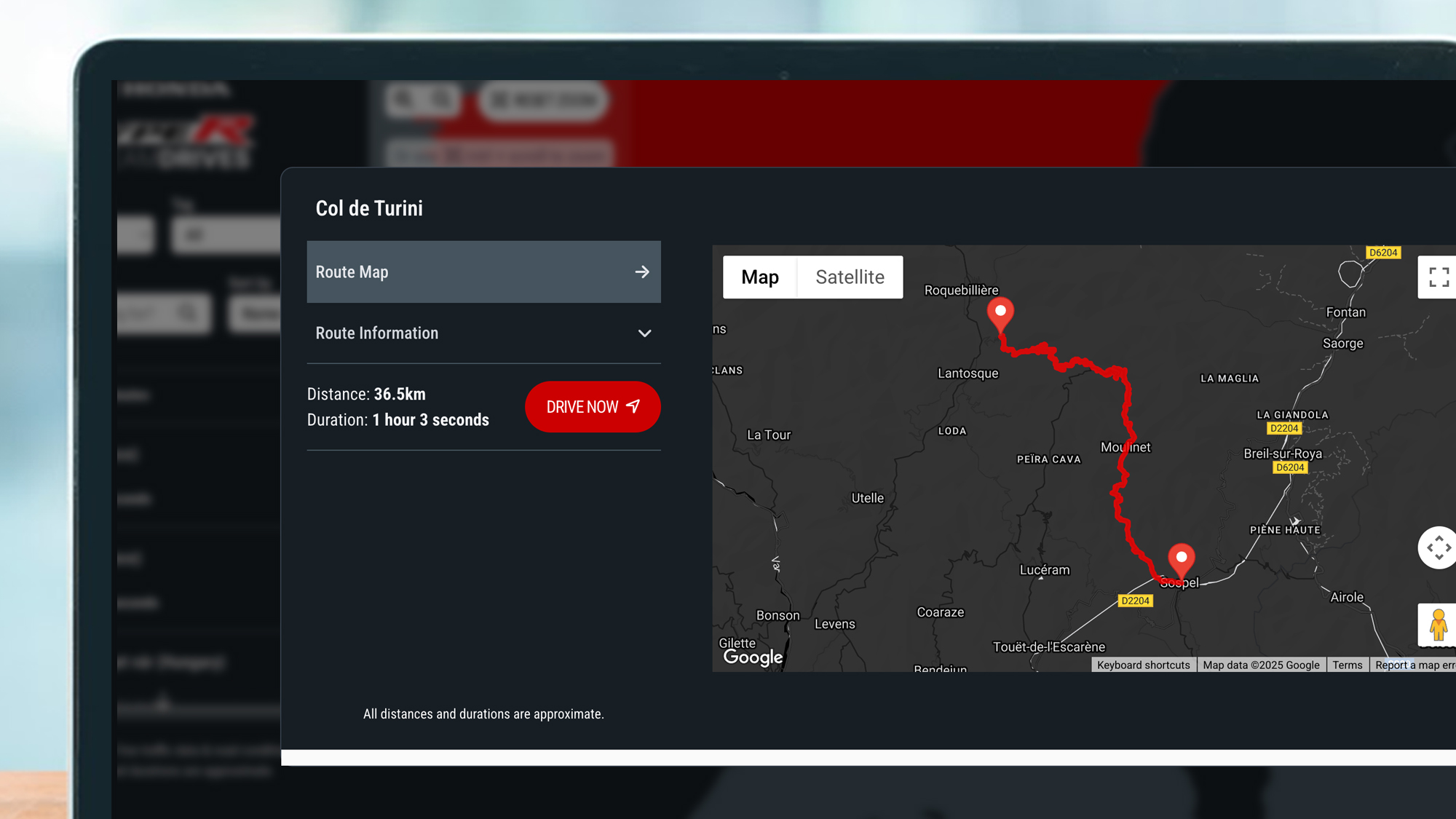 En laptop-skjerm som viser en rute i Hondas Dream Drives-kartsamling