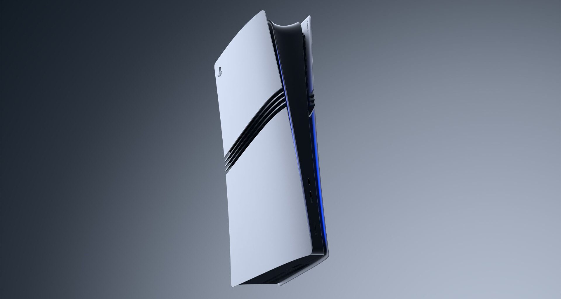 Sony PS5 Pro mot en grå bakgrunn.