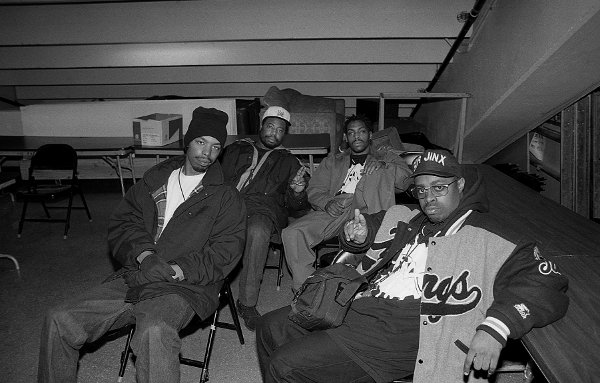 CHICAGO - MARCH 1992: DJ Crazy Toones, rappers WC and Coolio and producer Sir Jinx of WC and The Maad Circle poses for photos backstage at the U.I.C. Pavilion in Chicago, Illinois in March 1992. (Photo By Raymond Boyd/Getty Images)