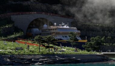 Omtrent slik kan Stad skipstunnel bli seende ut hvis den blir ferdigstilt. Modell av tunnelåpningen i Moldefjorden ved Selje.