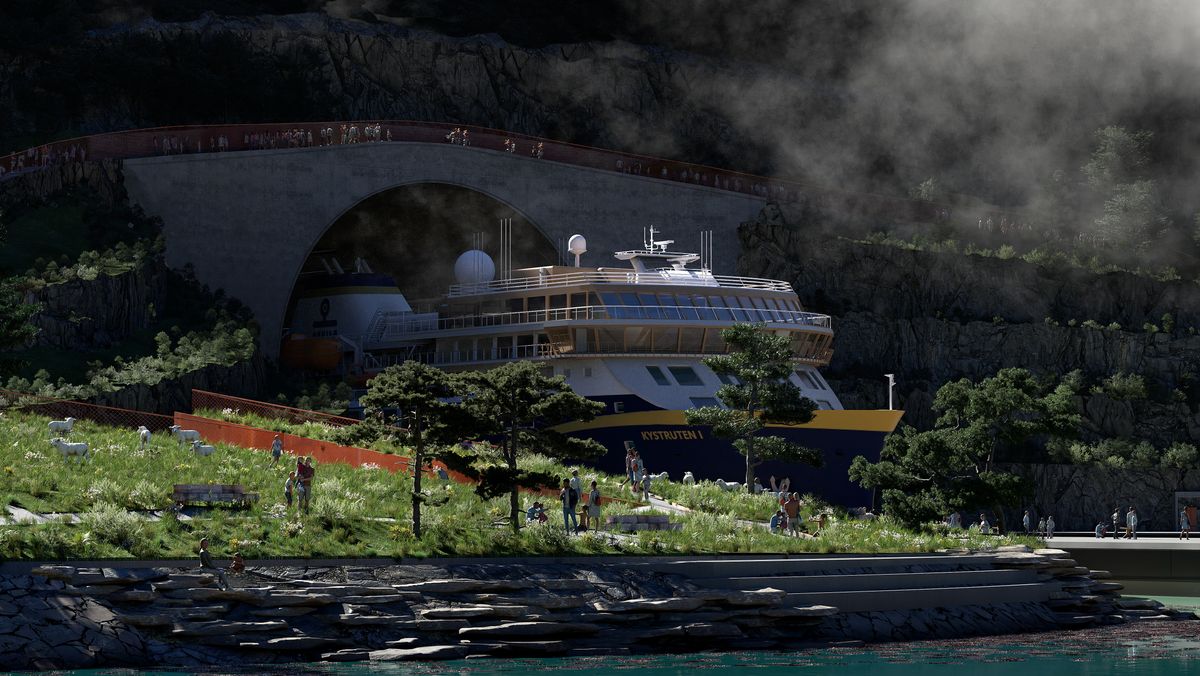 Omtrent slik kan Stad skipstunnel bli seende ut hvis den blir ferdigstilt. Modell av tunnelåpningen i Moldefjorden ved Selje.