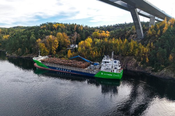 Svinesund 20251016. 
Det norske skipet Hagland Captain lastet med tømmer har gått på grunn og kjørt seg fast under Svinesundsbrua. Kystvakten sier at situasjonen er stabil
Foto: Cornelius Poppe / NTB
