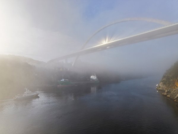 Svinesund, Sverige 20251016. 
Det norske skipet Hagland Captain lastet med tømmer har gått på grunn og kjørt seg fast under Svinesundsbrua. Kystvakten sier at situasjonen er stabil.
Foto: Cornelius Poppe / NTB