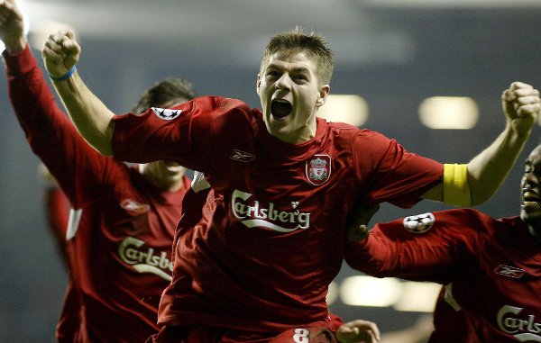 Liverpool's Steven Gerrard celebrates scoring the winning goal against Olympiakos during their UEFA Champions League Group A soccer match at Anfield, Liverpool, England, Wednesday Dec. 8, 2004. (AP Photo/PA, Phil Noble) ** UNITED KINGDOM OUT MAGS OUT NO SALES INTERNET OUT ONLINE OUT **