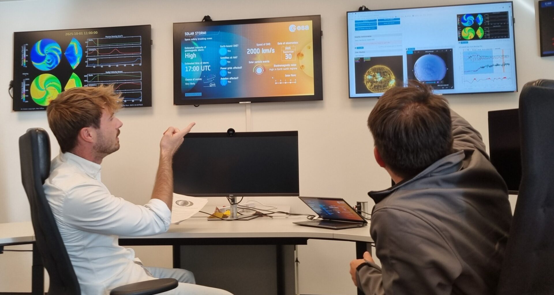 Simulering av solstorm ved ESAs senter ESOC i Tyskland.