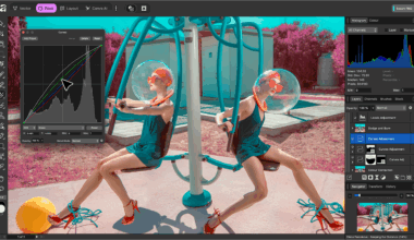 Affinity-programvare i aksjon som viser to kvinner på en lekeplass med bilderedigeringsverktøy på hver side