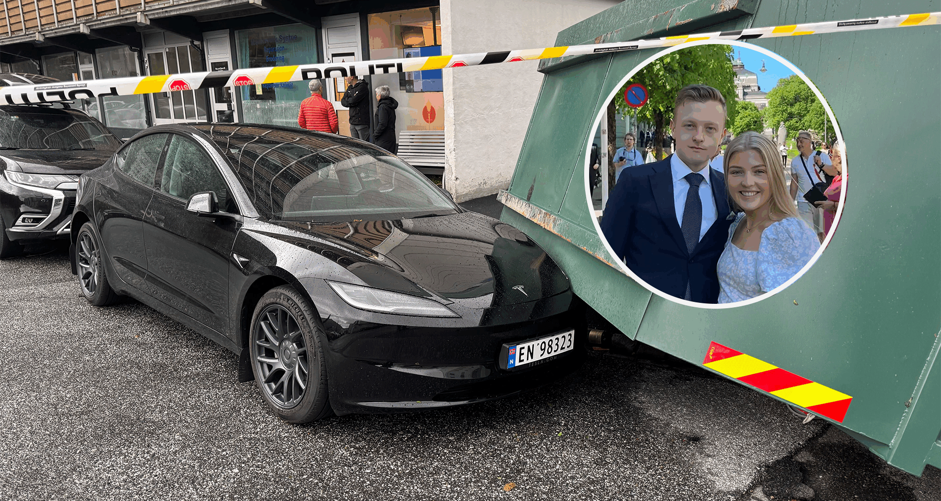 Uværet Amy, Mannsverk | Container blåste over Teslaen deres: – Vi hadde akkurat kjøpt den!