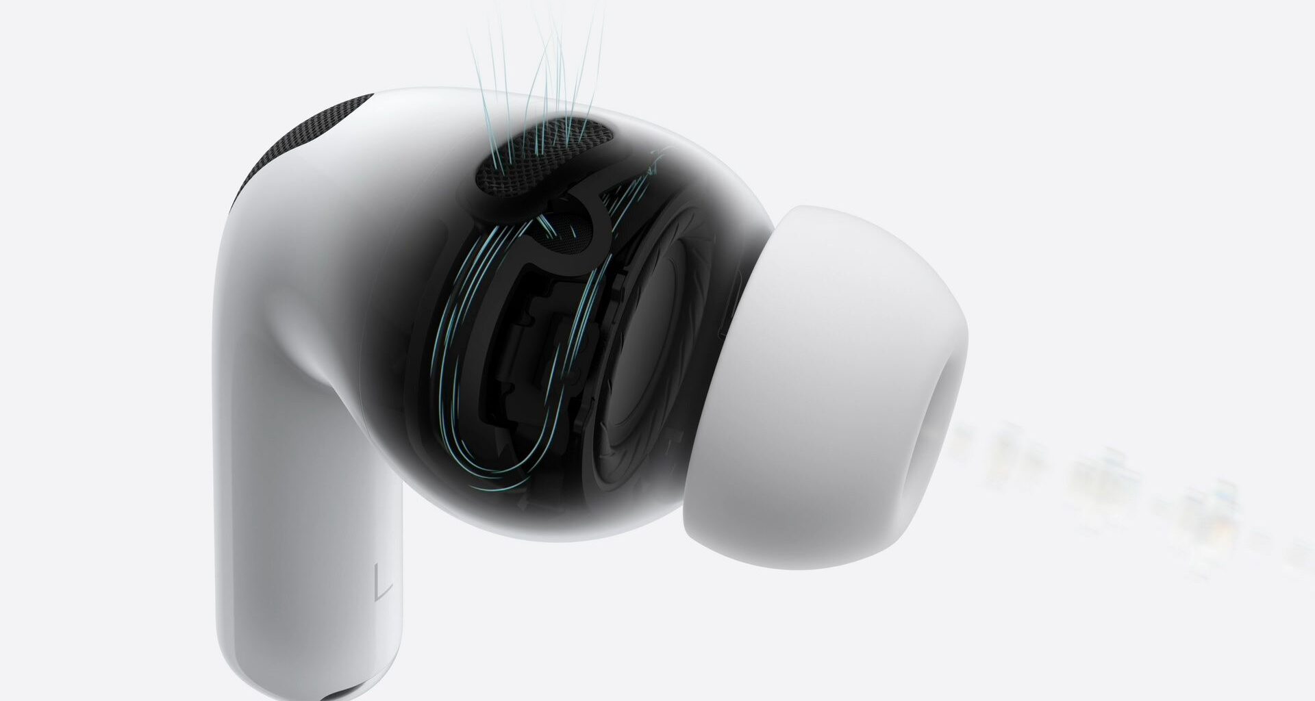 AirPods Pro 3 som viser luftstrømmen gjennom det akustiske designet.