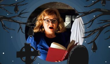 skremt dame leser fra bok i en rund silhuett med nattehimmel og gravsteiner rundt