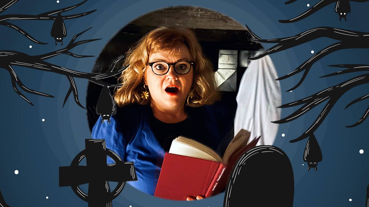 skremt dame leser fra bok i en rund silhuett med nattehimmel og gravsteiner rundt