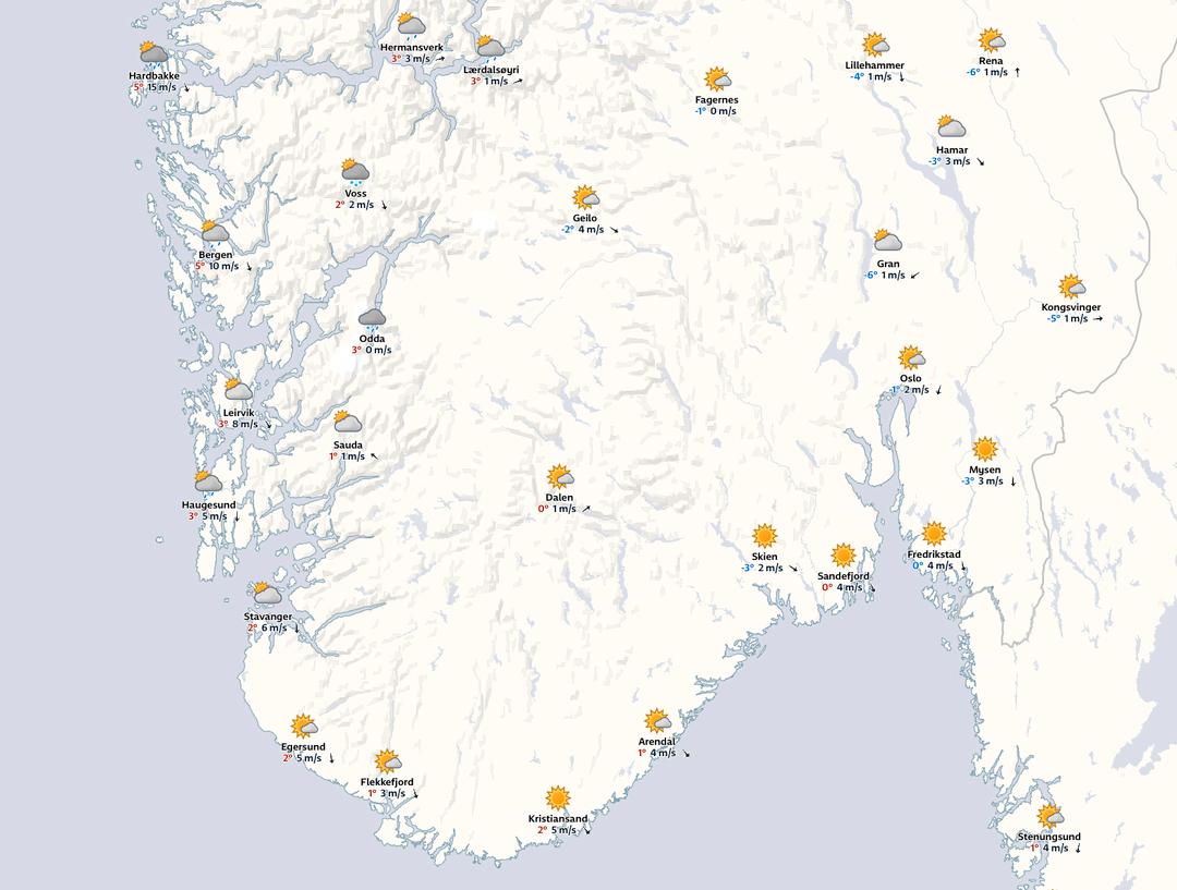 Gult farevarsel i vest – knallvær i øst