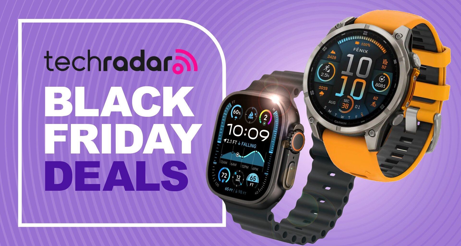 Apple Watch Ultra 3 og Garmin Fenix ​​8 på et lilla TechRadar Deals-banner.