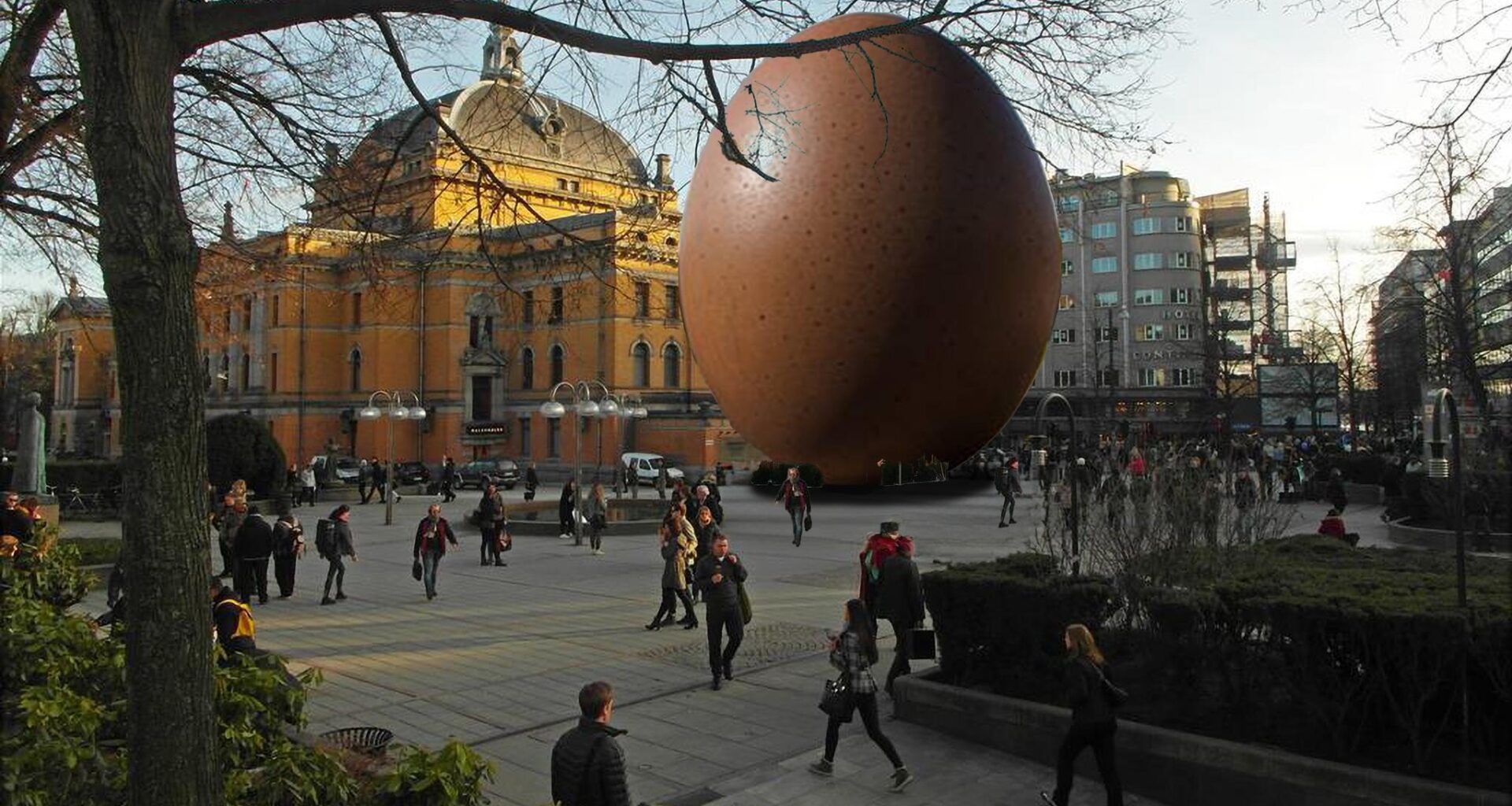 Marianne Heske foreslår et egg i tre som midlertidig scene for Nationaltheatret