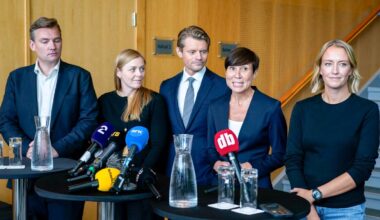 Ine Marie Eriksen Søreide, Peter Christian Frølich, Tina Bru m.fl. står rundt et bord med mikrofoner
