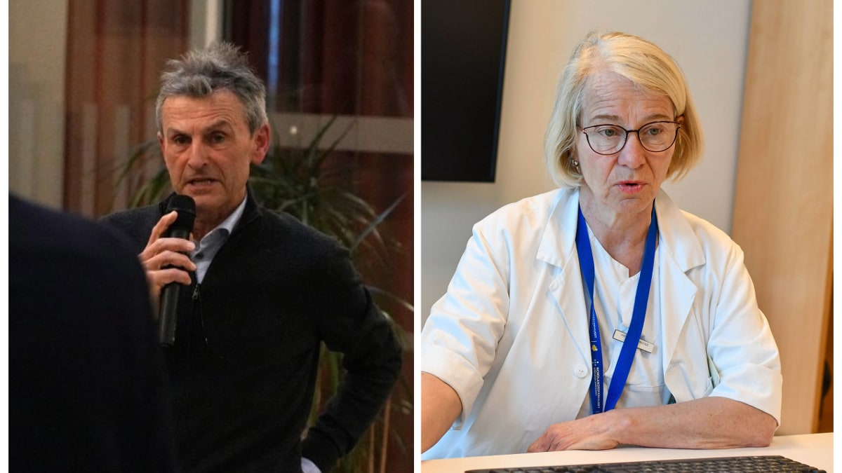 En mann holder en mikrofon og en kvinne sitter ved en pult