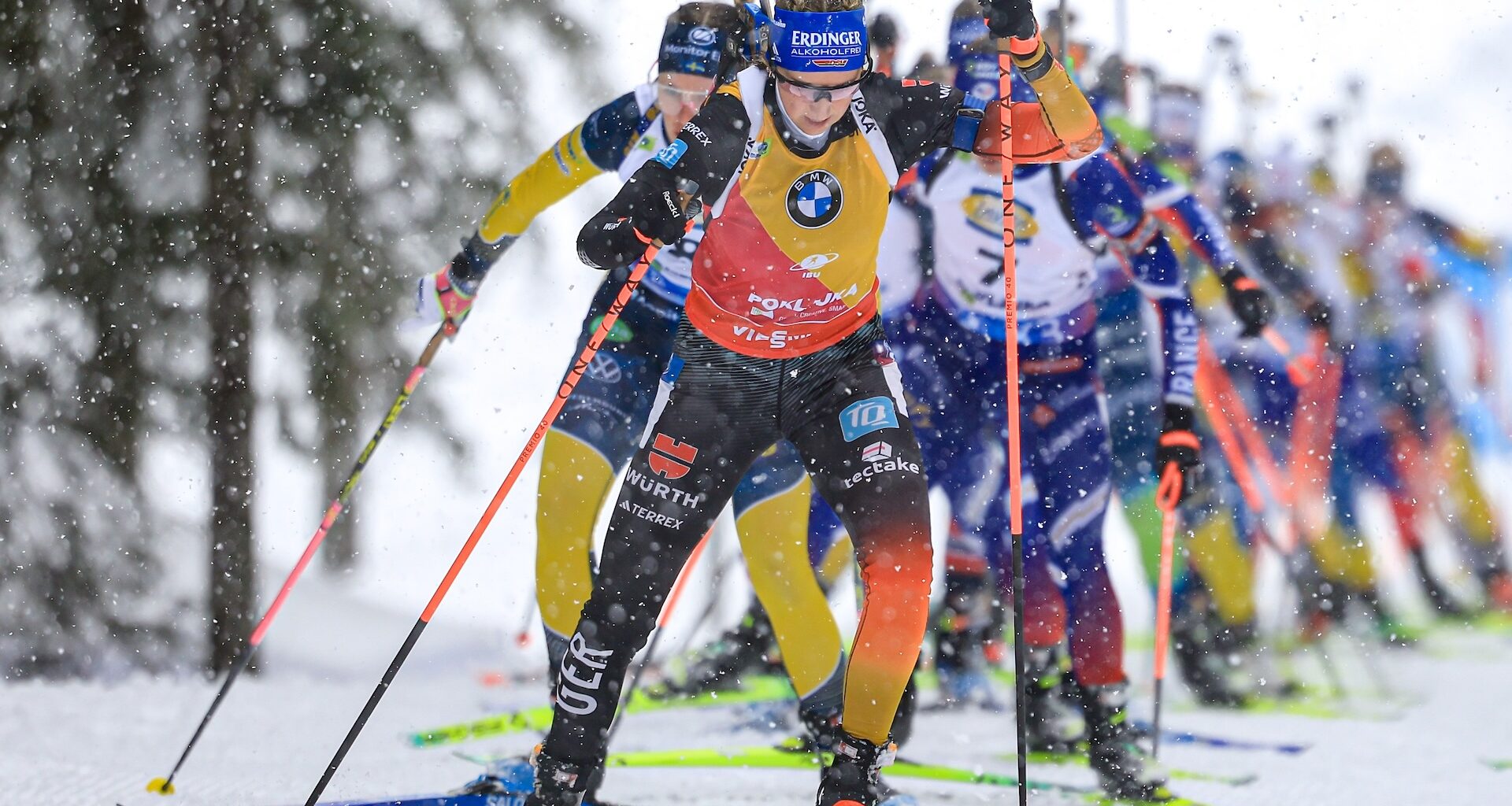 Elvira Oeberg (SWE), Franziska Preuss (GER), Lou Jeanmonnot (FRA), (l-r) - IBU World Cup Biathlon, mass women, Pokljuka (SLO).