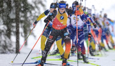 Elvira Oeberg (SWE), Franziska Preuss (GER), Lou Jeanmonnot (FRA), (l-r) - IBU World Cup Biathlon, mass women, Pokljuka (SLO).