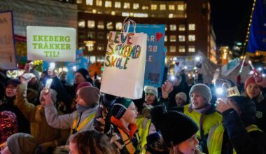 En folkemengde deltar i en demonstrasjon om skolesaker. Flere personer holder opp plakater med budskap som "Leve Særdalskole" og "Ekeberg trekker til!". Deltakerne er kledd i varme klær og enkelte har reflekser på. Det er mørkt, men flere mobiltelefonlysdioder lyser opp scenen.